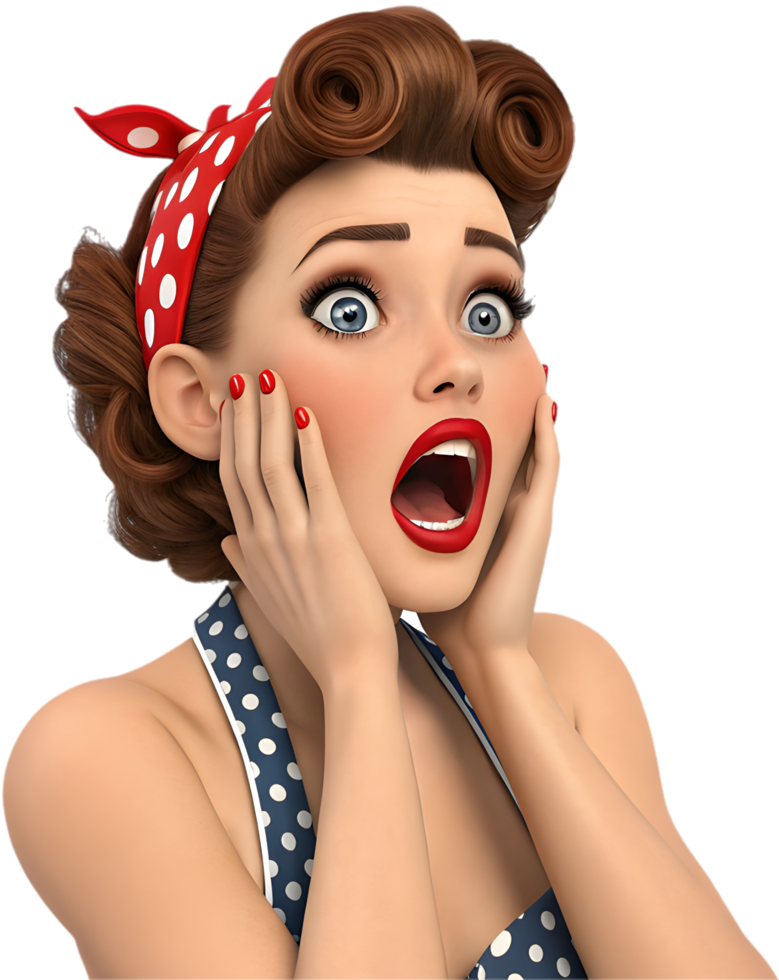 Retro-style pin-up girl icon with exaggerated emotional expression for unique clipart. . png