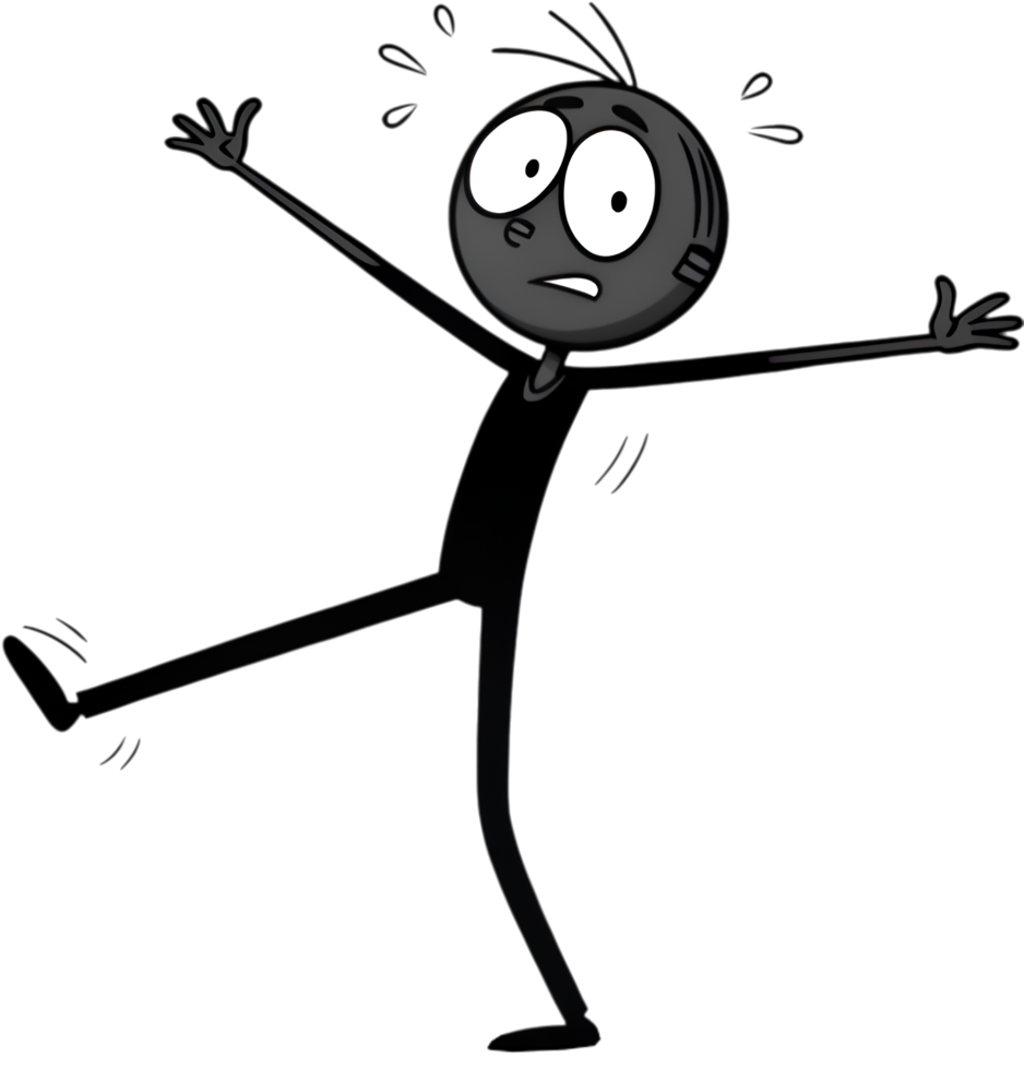 Stick figure illustration featuring creative design and humorous character pose. . png