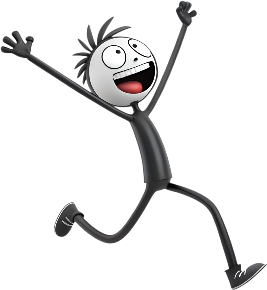 Stick figure design with humorous and quirky pose in playful action. . png
