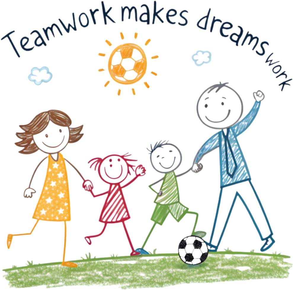 Stick figure family scene of joyful parents and happy children. . png