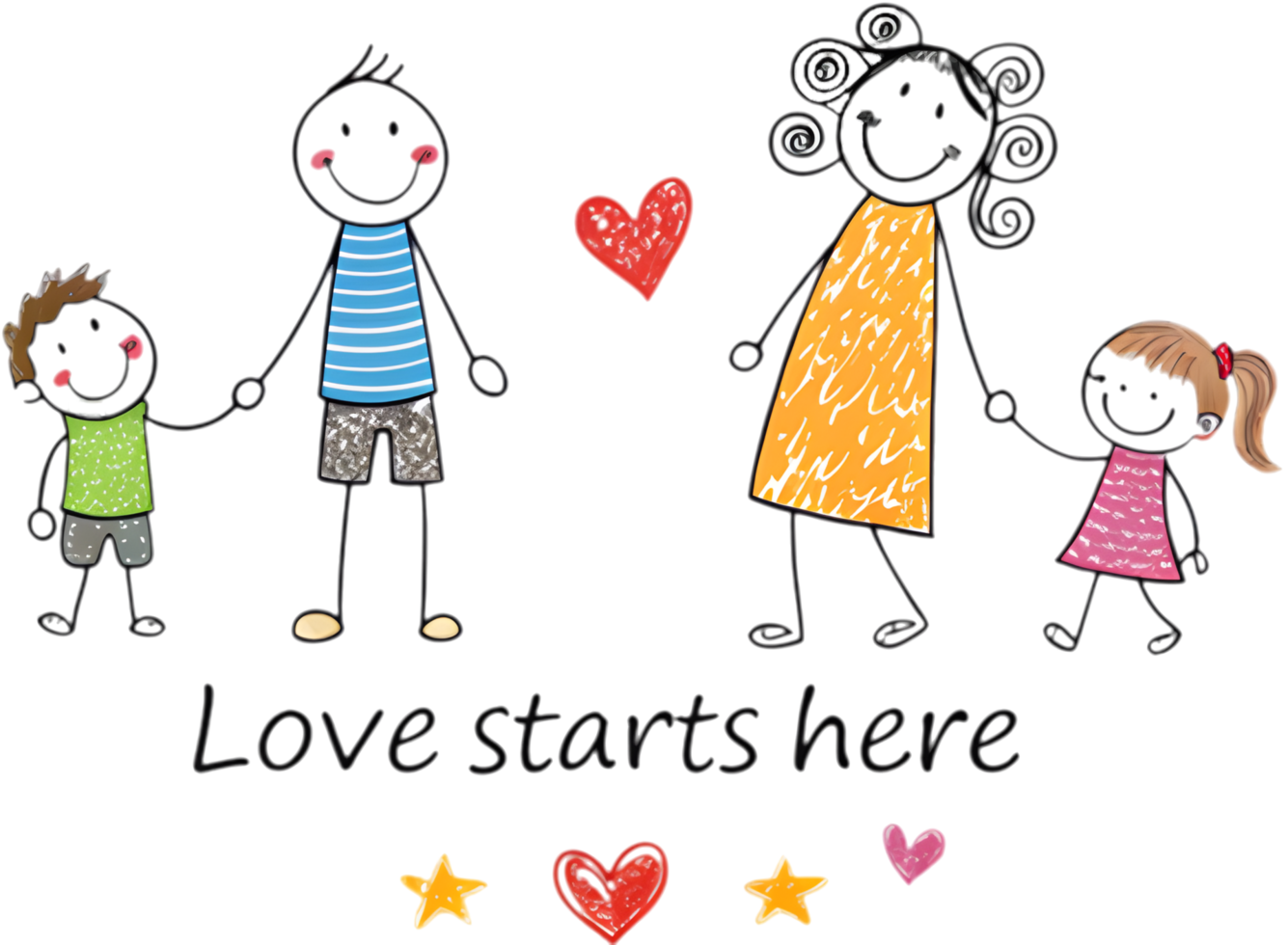 Simple family scene in stick figure style with parents and children. . png