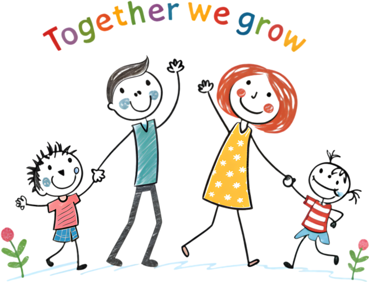 Cute family drawing in kindergarten style with parents and kids. . png