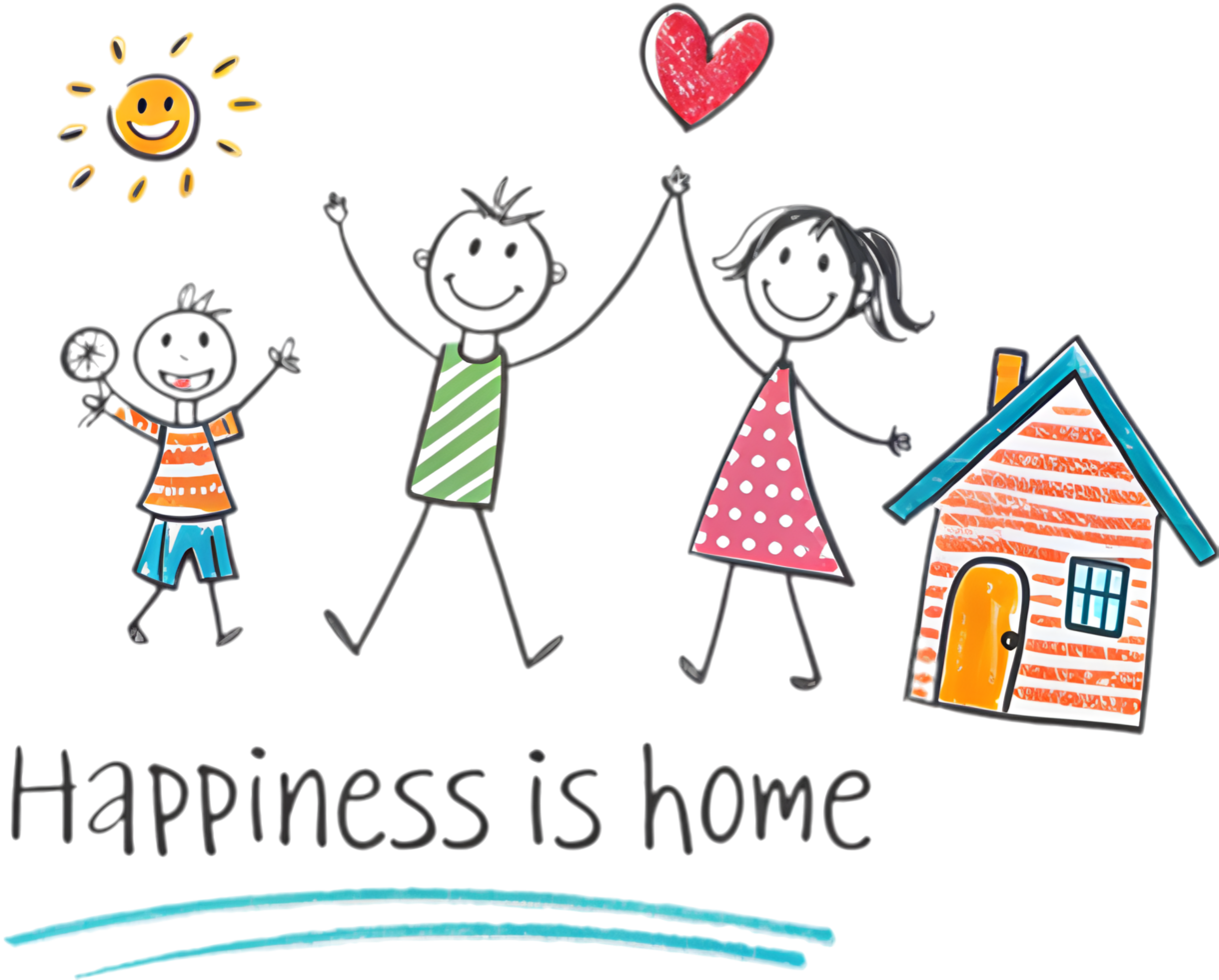 Happy stick figure family drawing showing love and joy at home. . png