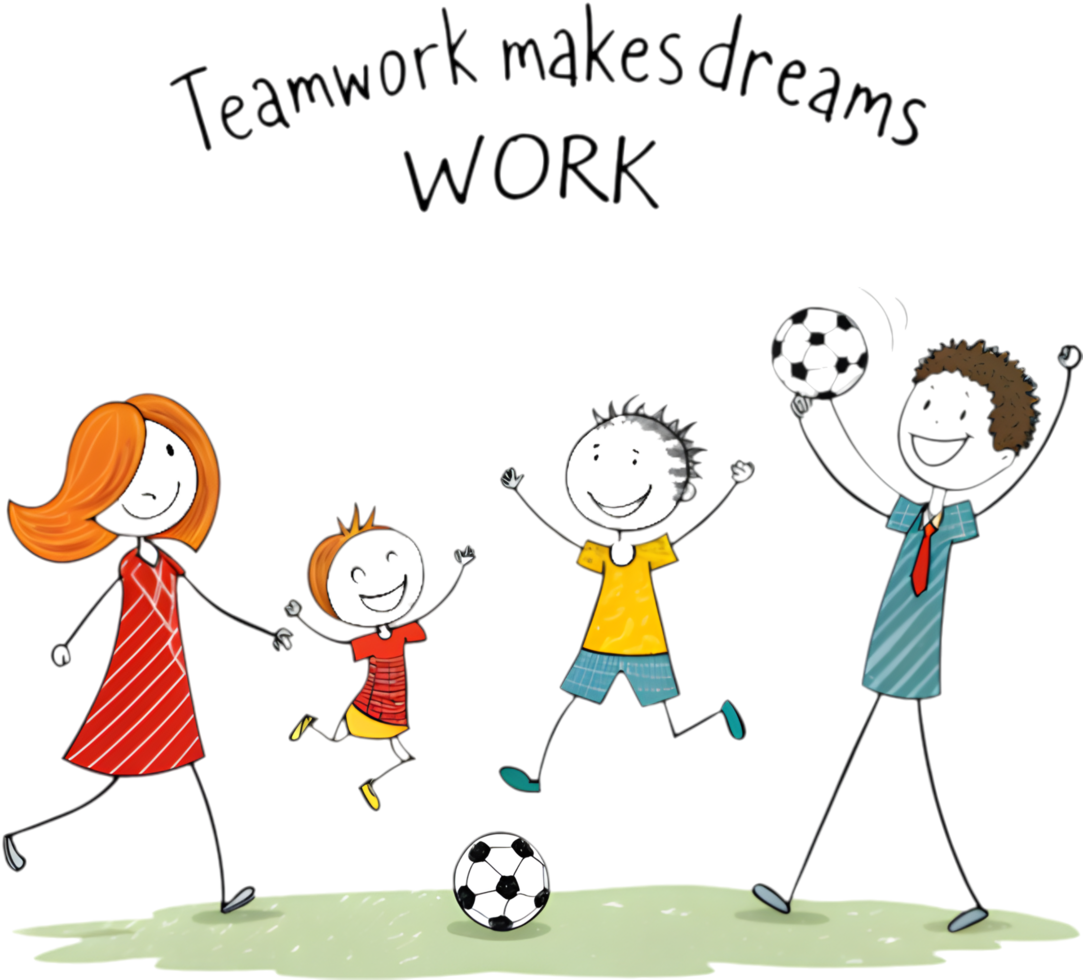 Kindergarten-style illustration of a happy family with stick figures. . png
