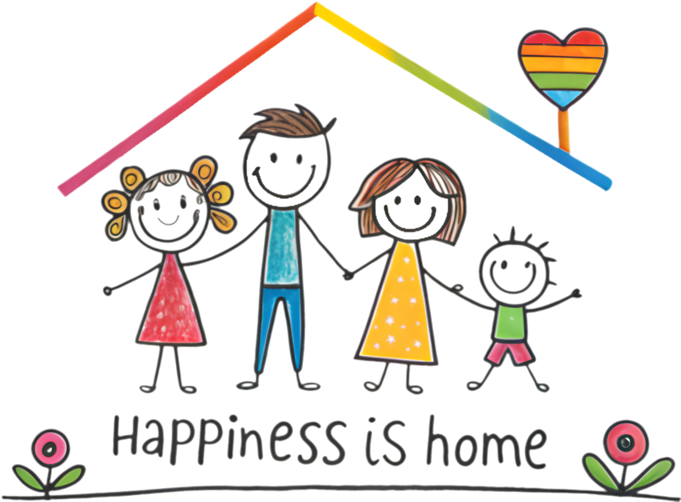 Simple happy family illustration with stick figures of parents and children. . png
