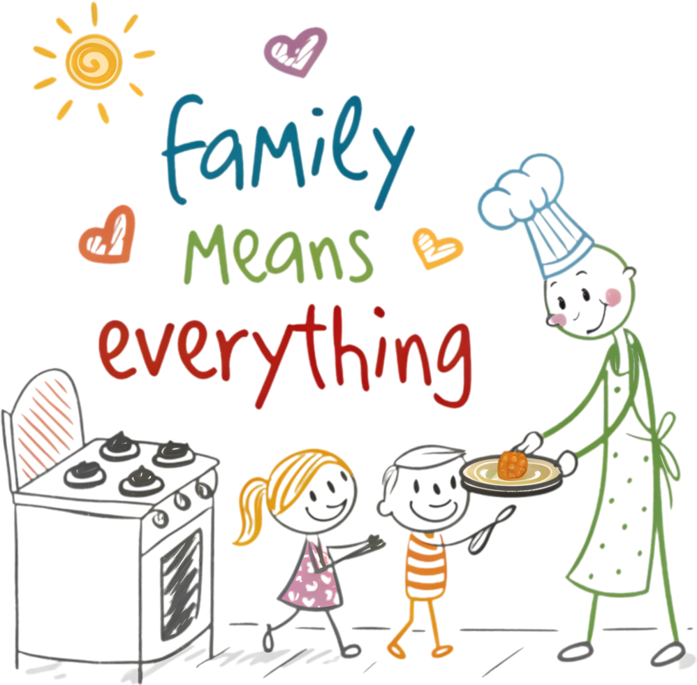 Fun family drawing with kids and parents in stick figure art. . png