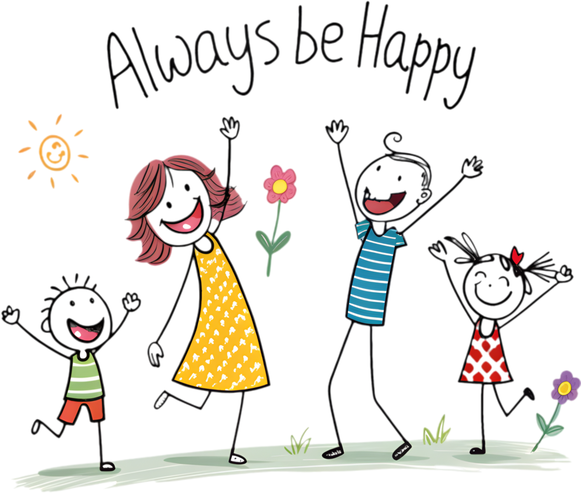 Colorful stick figure family art with children and loving parents. . png