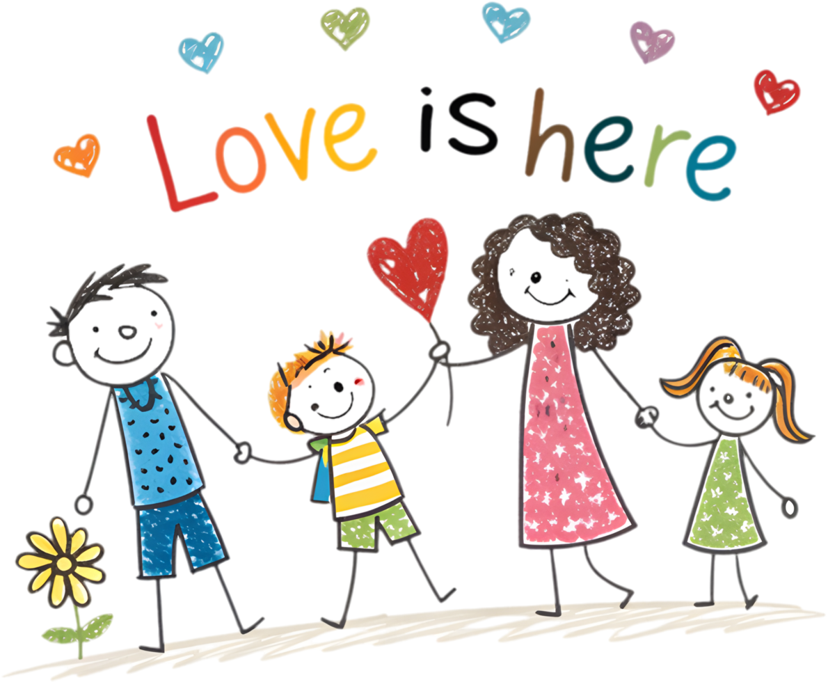 Stick figure family picture with happy parents and kids at home. . png