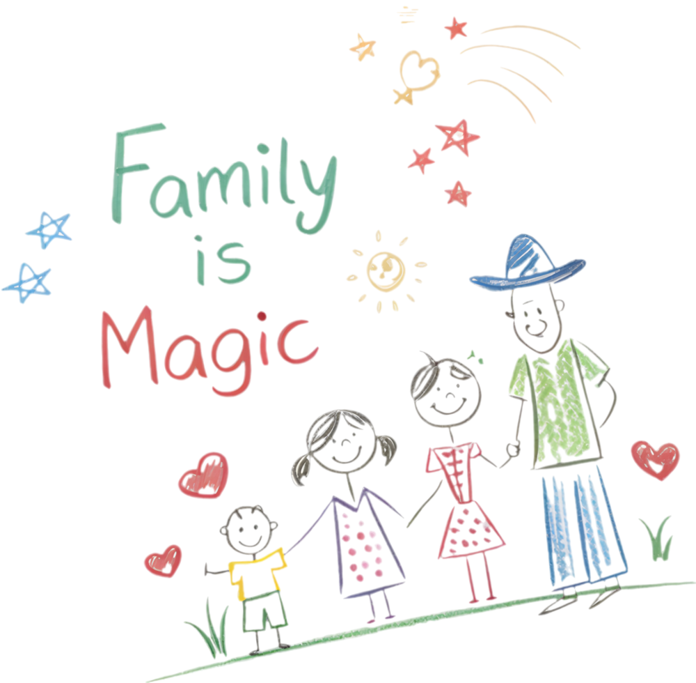 Playful family drawing with children and smiling parents in stick figures. . png