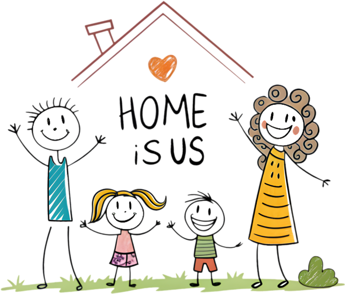 Stick figure drawing of a happy home with kids and parents. . png