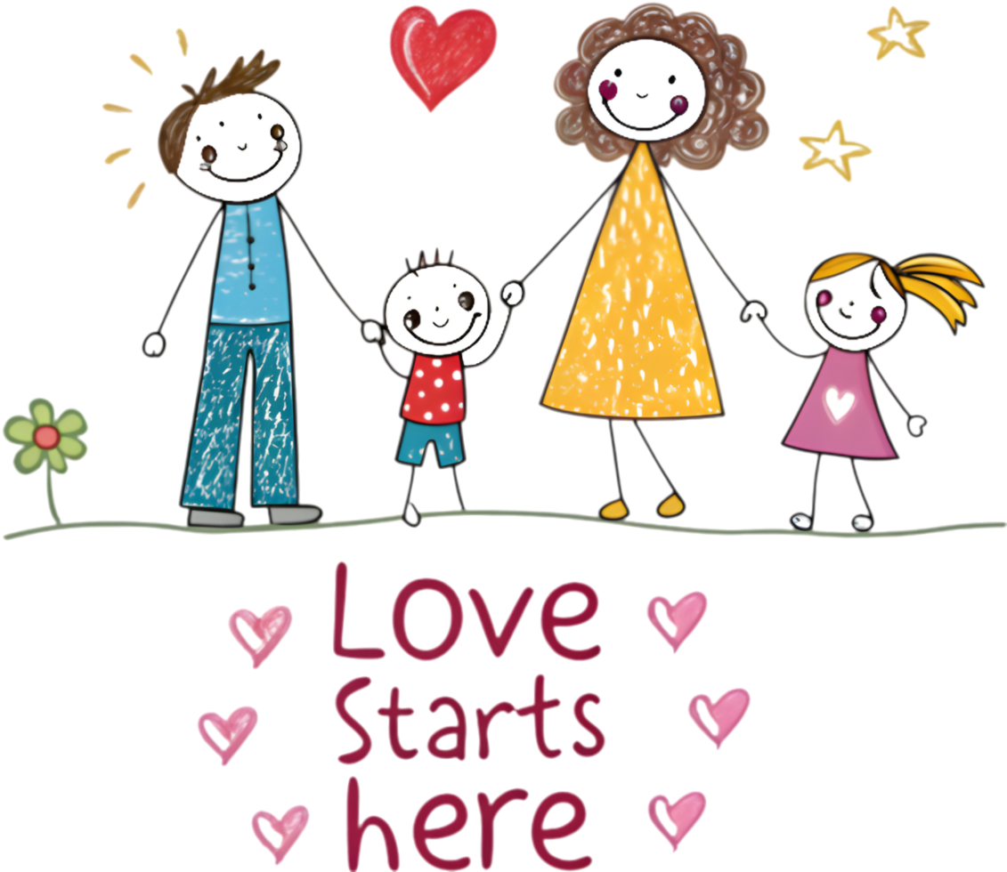 Kids and parents depicted as stick figures in happy family art. . png