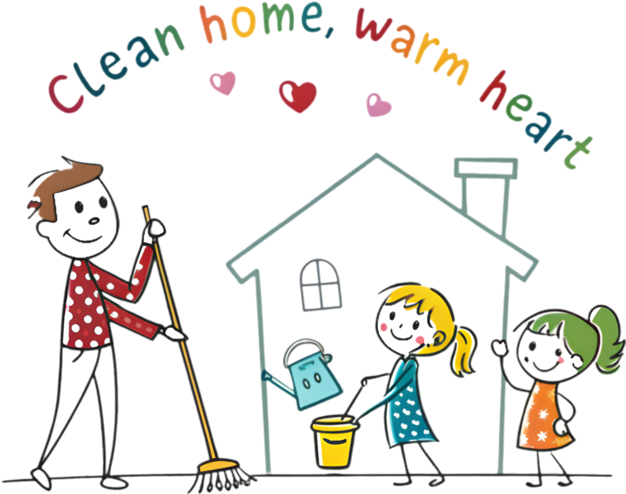 Bright and joyful family drawing featuring stick figures of kids. . png