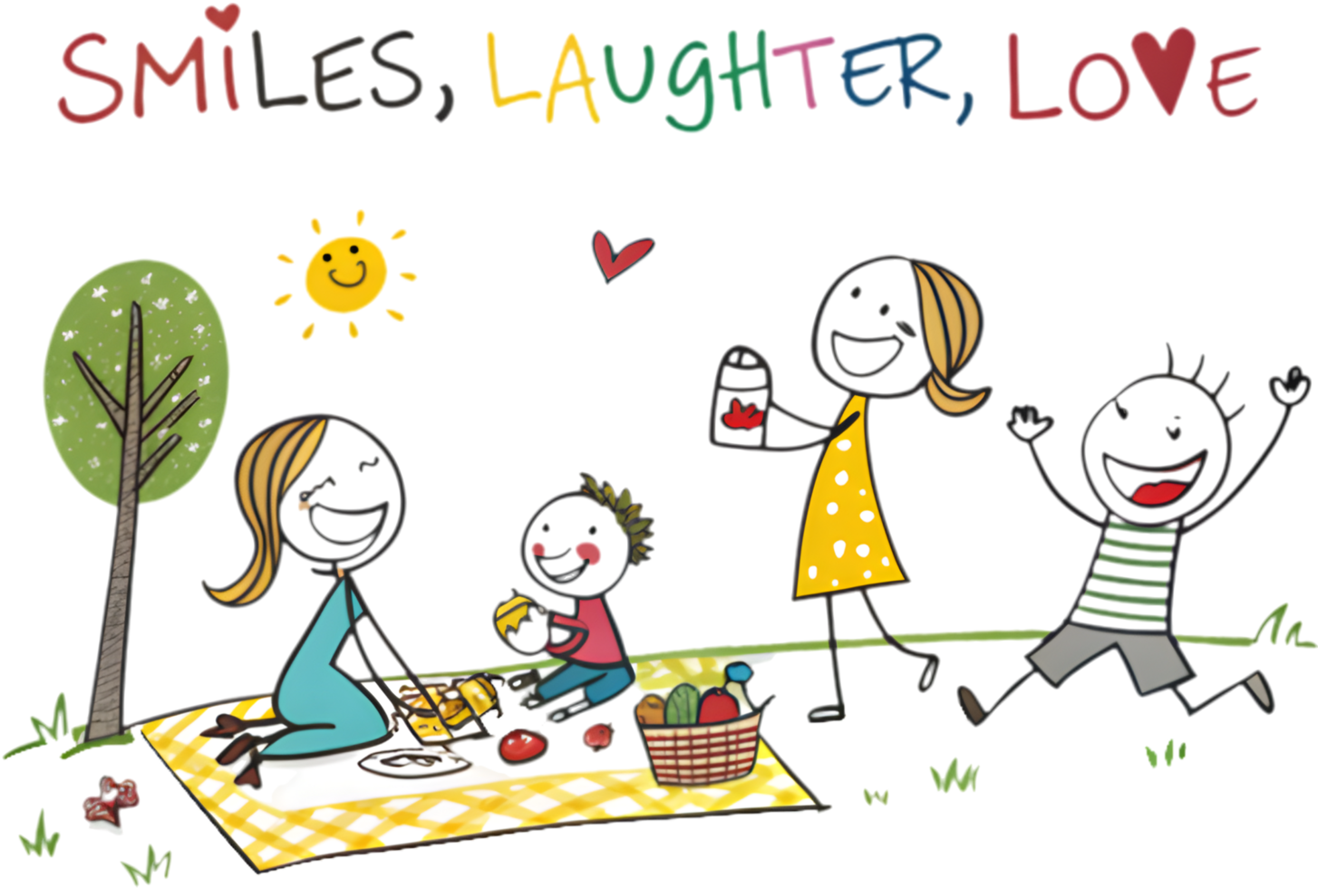 Simple happy family clipart with kids and parents in stick figures. . png