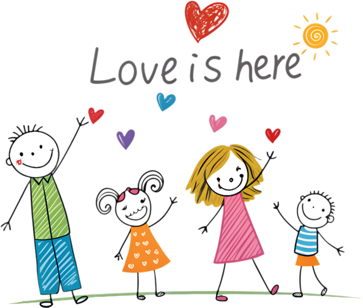 Kindergarten drawing of a stick figure family filled with love. . png