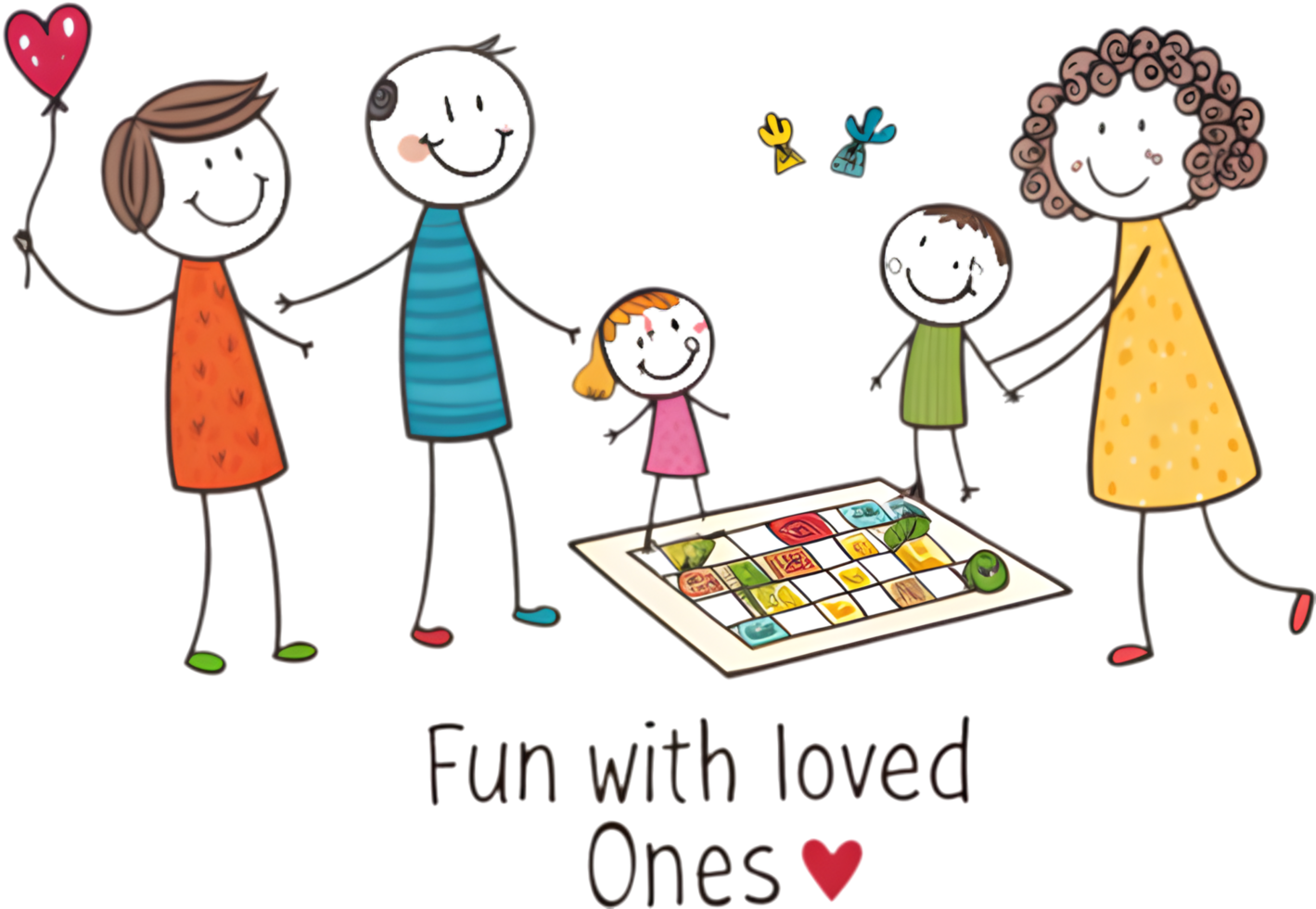 Colorful and playful stick figure family clipart with happy children. . png