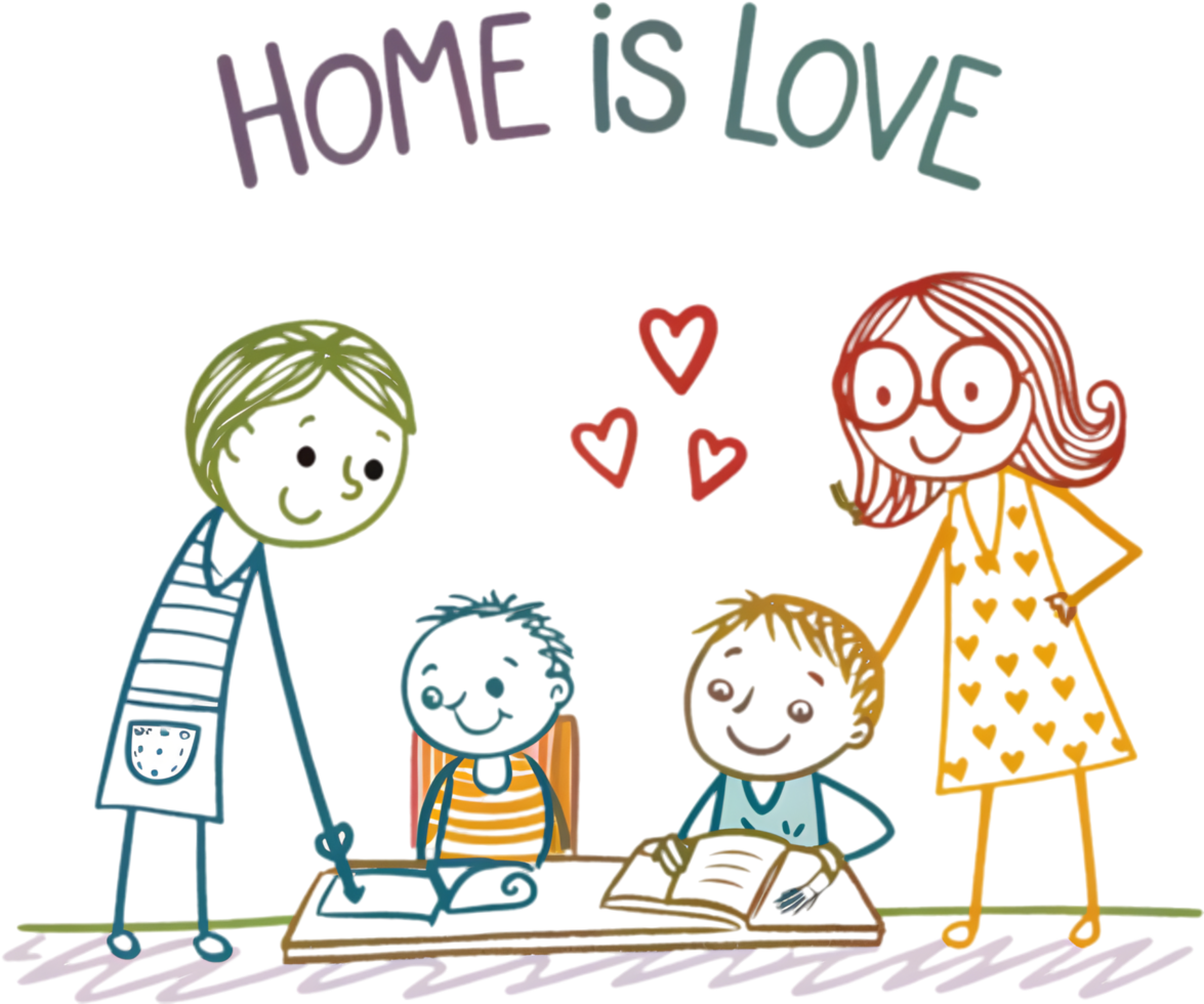 Happy family drawing with colorful stick figures of parents, kids. . png