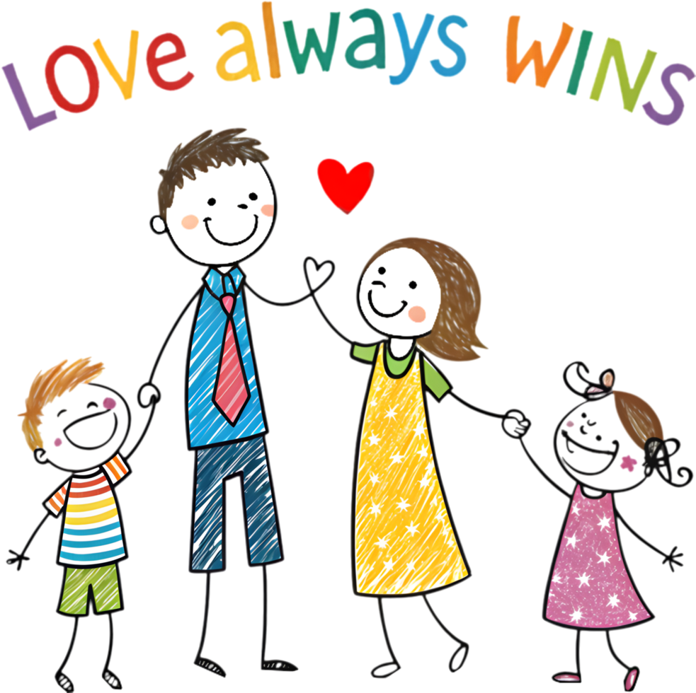 Happy family art featuring stick figures of parents and kids. . png