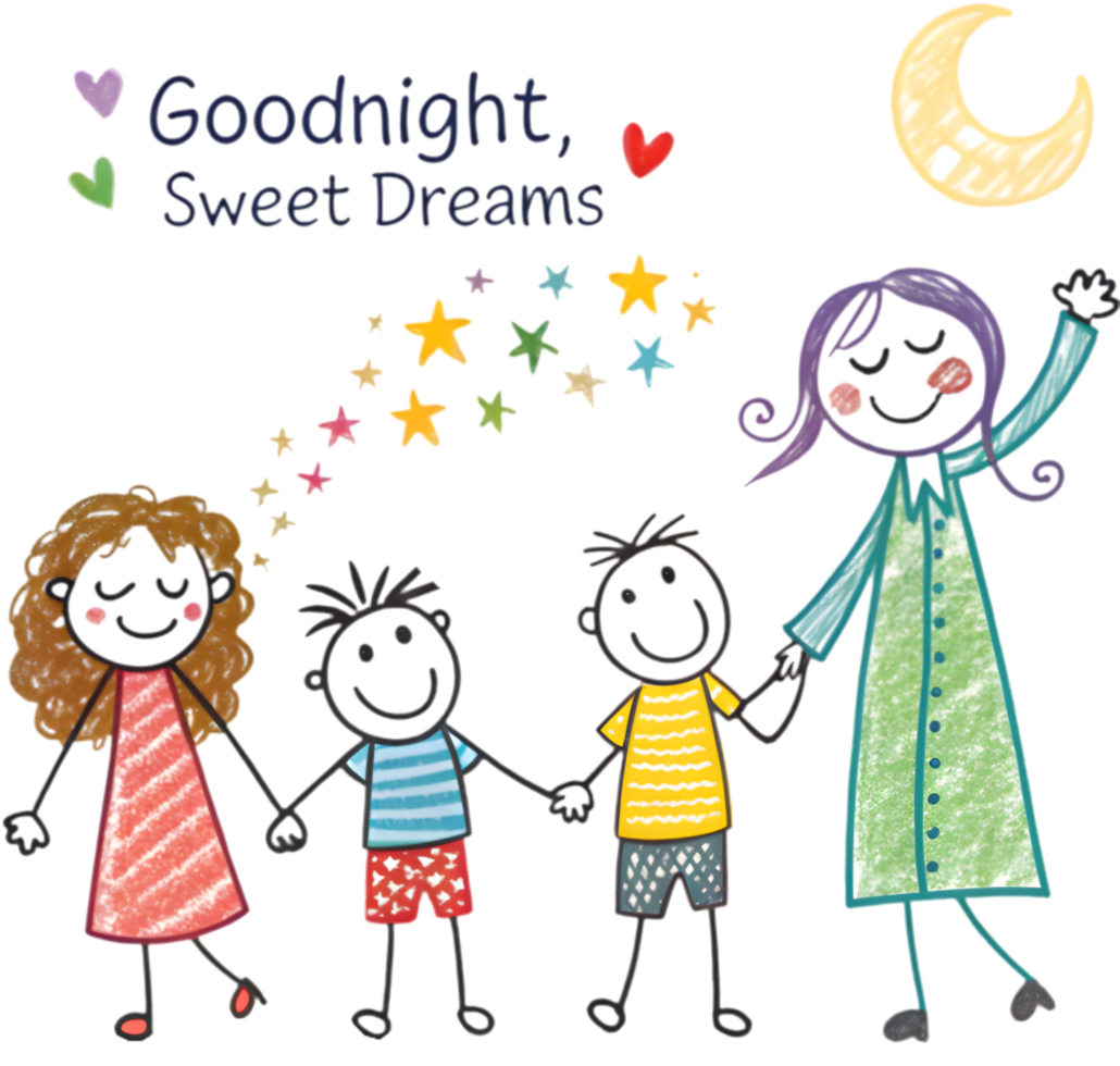 Simple stick figure family illustration with smiling parents and children. . png