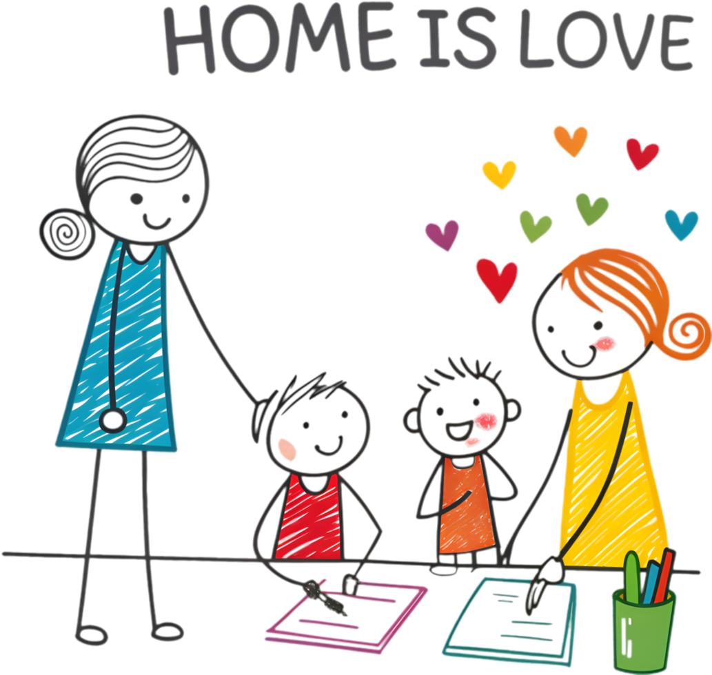 Kindergarten clipart showing a happy family with stick figure parents. . png