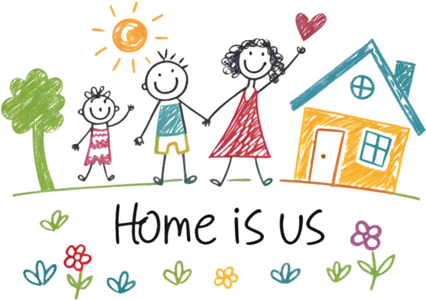 Cheerful stick figure drawing of a happy family at home. . png