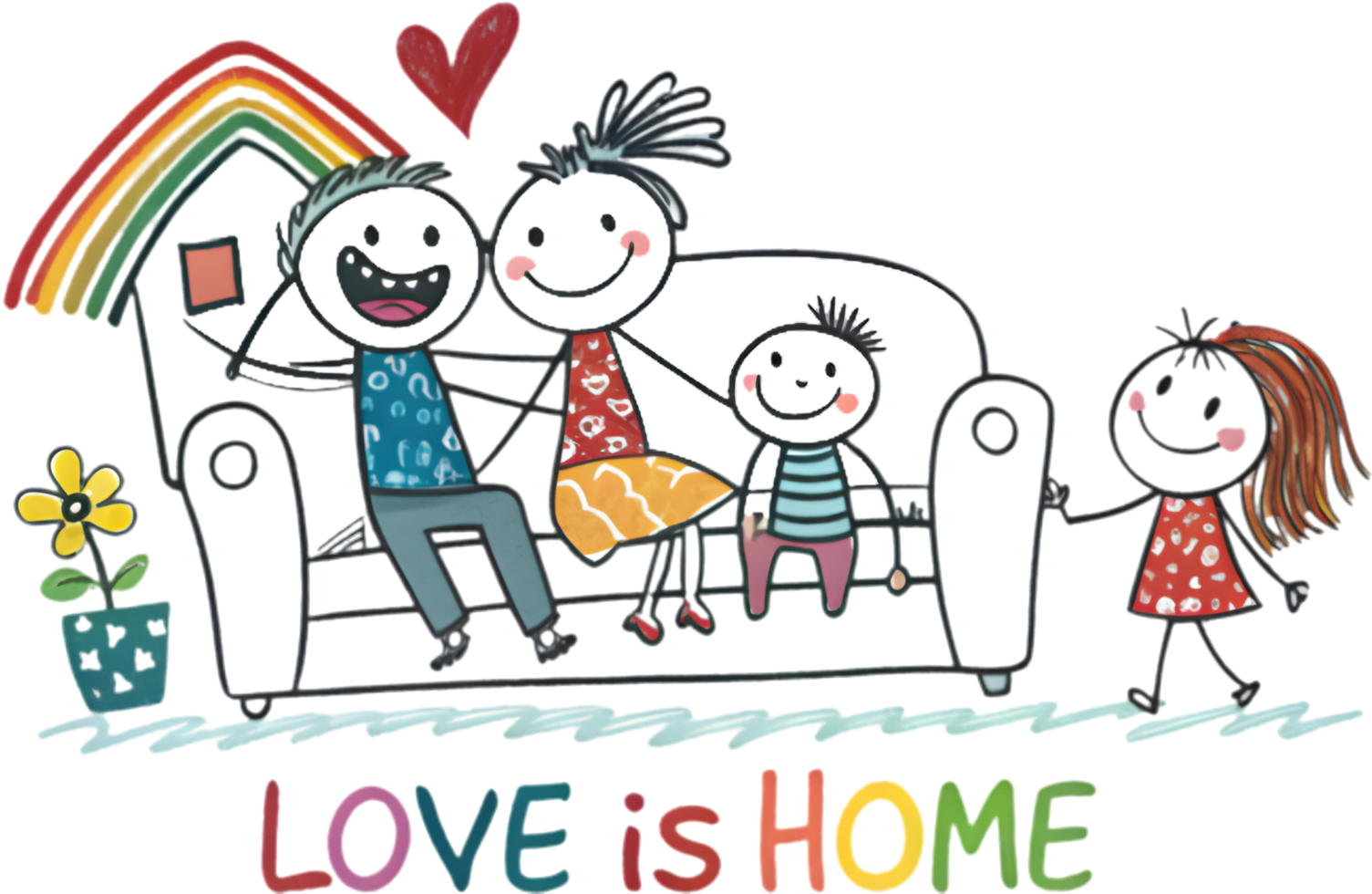 Simple stick figure art of a joyful family with kids. . png