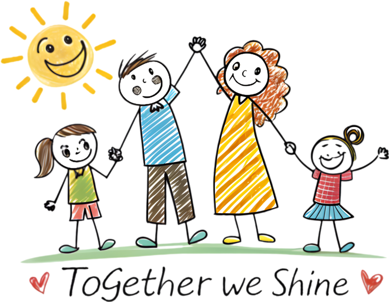 Happy family scene in kindergarten style with stick figure children. . png