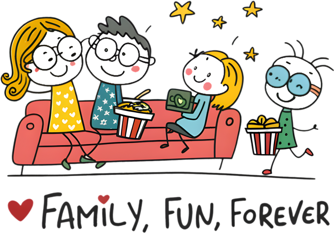 Playful stick figure family drawing with parents and smiling kids. . png