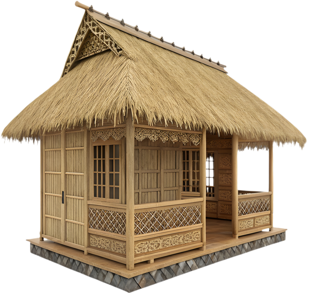 Charming thatched hut illustration for cozy rustic aesthetics. . png