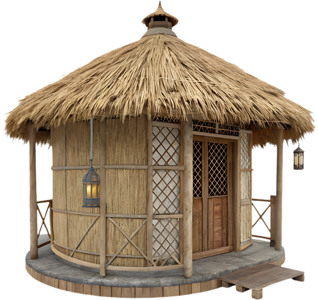 Rustic straw hut design featuring nostalgic countryside charm. . png