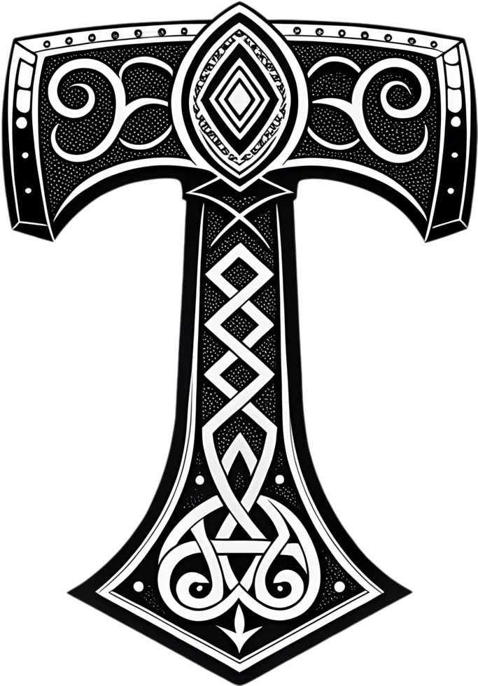 Viking Art Design Featuring Shield and Thor Hammer Symbolism. . png