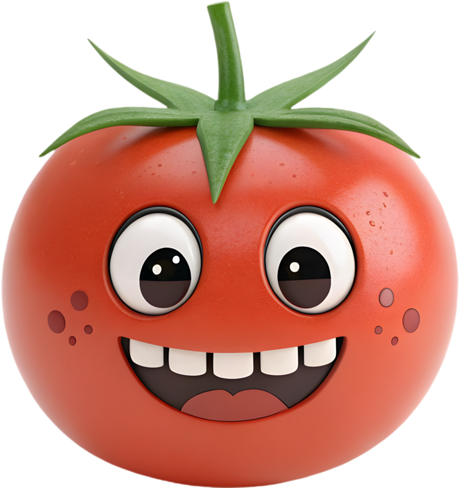 Vibrant, over-expressive tomato emoji icon with animated emotion. . png