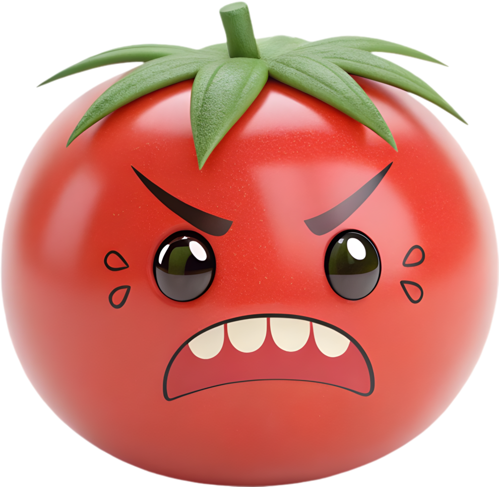 Vibrant cartoon design of a tomato emoji showing intense expression. . png