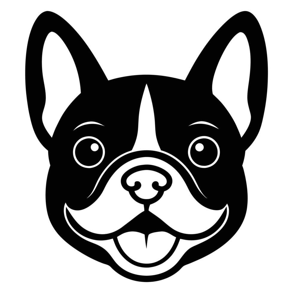Happy French Bulldog Face Icon Silhouette, Cute Dog Face with Happy Expression vector