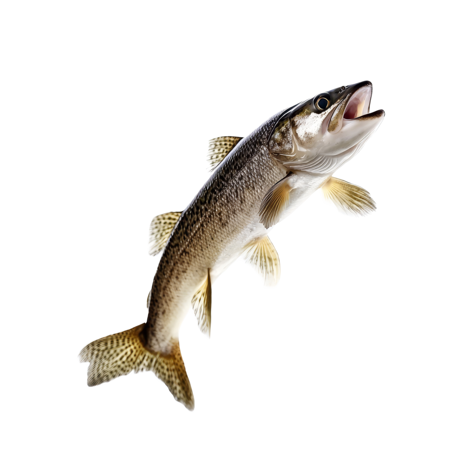 Dynamic fish leaps gracefully above water, showcasing vibrant aquatic movement in clear isolation, Dynamic Real Fish Leap Isolated Aquatic Motion on transparent background png