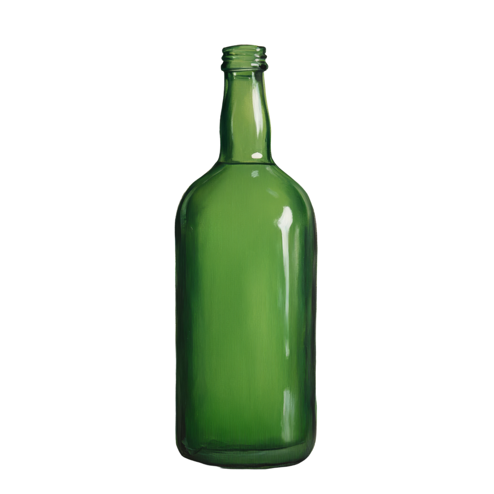 A vibrant green glass bottle stands against a plain background, highlighting its contours and reflections, Green bottle png