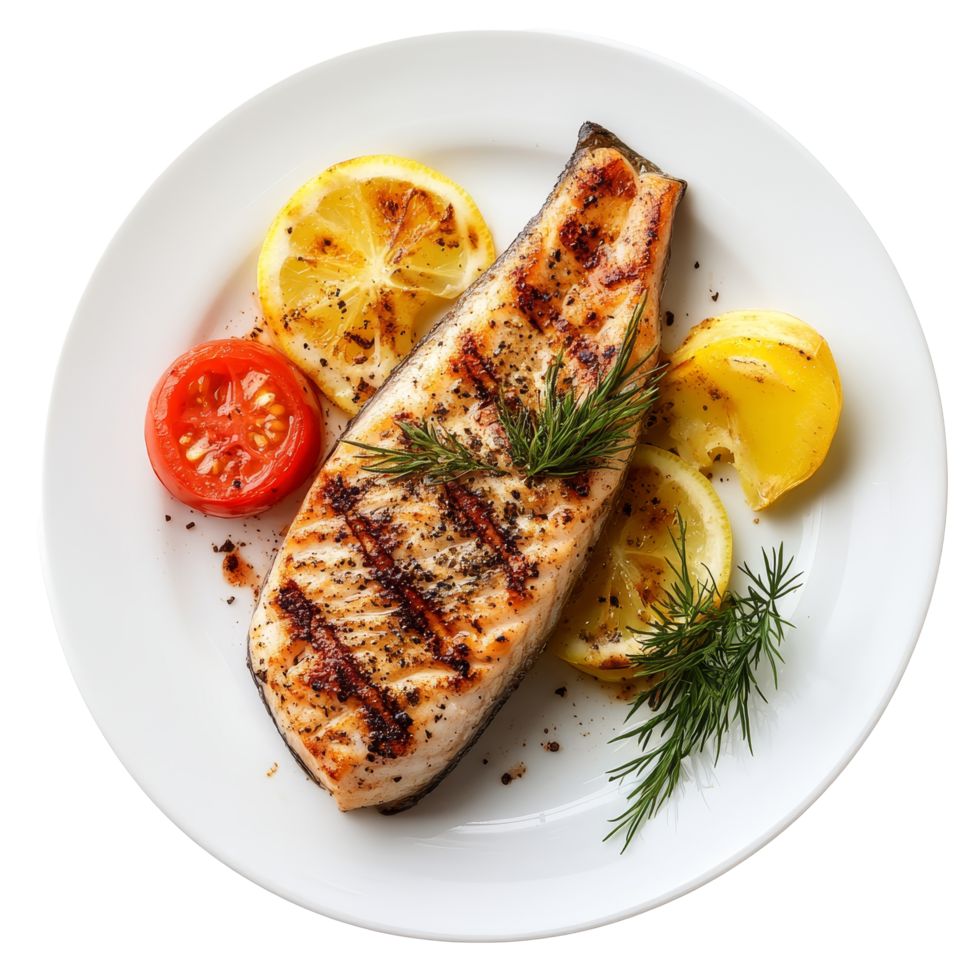 Gourmet grilled fish fillet plated with fresh lemon and tomato on a transparent background, Plate of gourmet grilled fish fillet on transparent background png