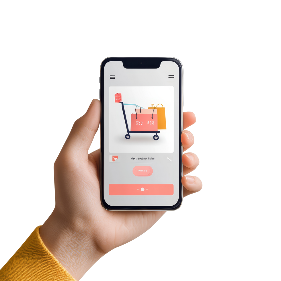 Shopping app interface displayed on a smartphone held by a hand while showcasing a vibrant cart design, file no background Online shopping app on smartphone png