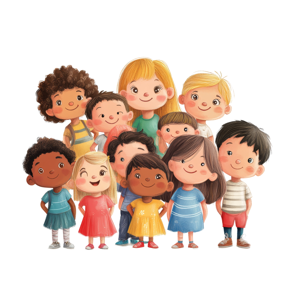 A joyful multiracial group of cheerful kids posing together in bright colors with smiles on a sunny day, diversity multiracial group of cheerful happy kidsfile of isolated object on transparent png
