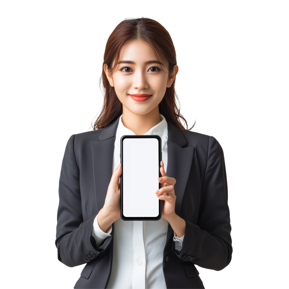 Professional Asian business woman presenting smartphone in studio setting during daylight hours, Beautiful Asian business woman holding smartphone mockup png