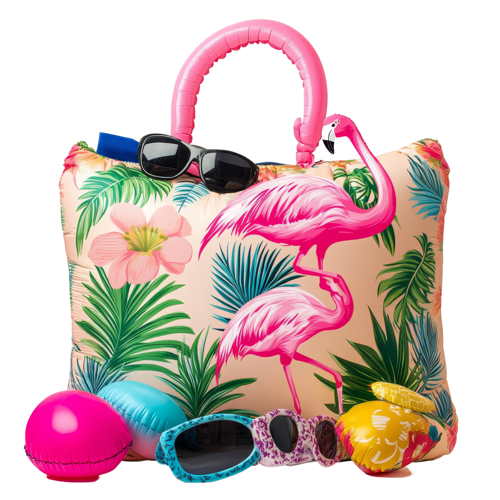 Bright beach bag with cute inflatable flamingo and colorful accessories for summer fun, Beach bag with accessories and cute inflatable flamingo png
