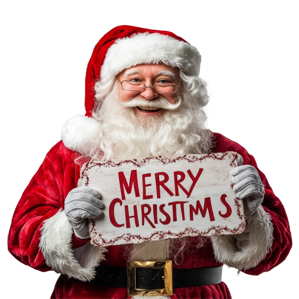 Jolly Santa Claus joyfully holding a Merry Christmas sign with a cheerful expression in a festive setting, Jolly Santa Claus Holding Merry Christmas Sign on transparent background png