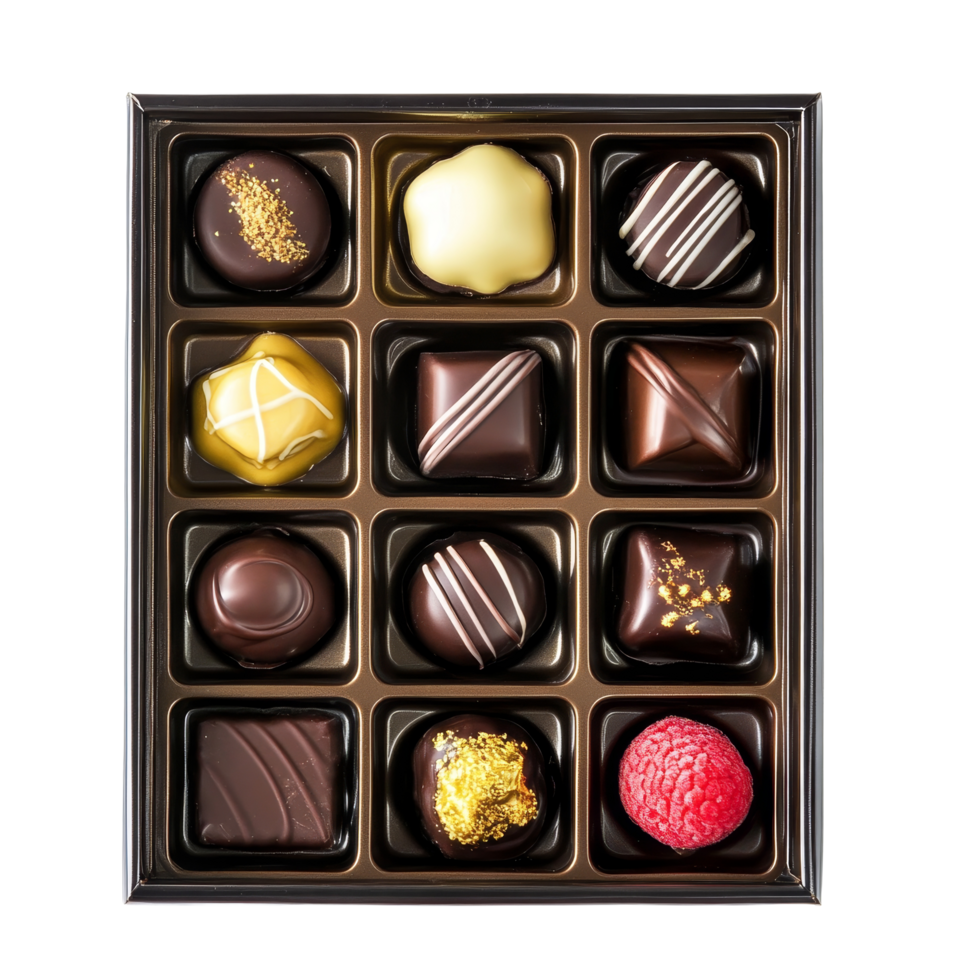 Elegant chocolate gift box featuring assorted pralines on a transparent background for special occasions, Delicious chocolate box gift on transparent background png