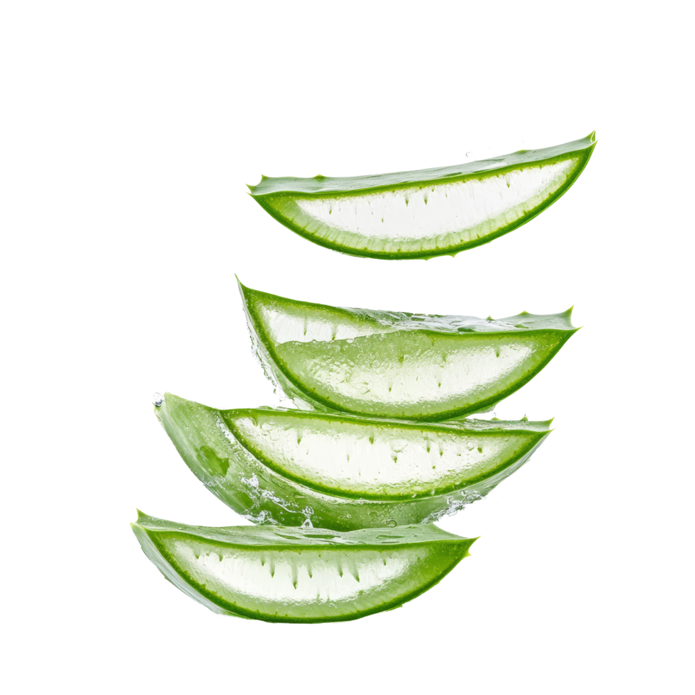 Fresh aloe vera slices create a refreshing water splash against a transparent background, Aloe vera slices with water splash isolated png