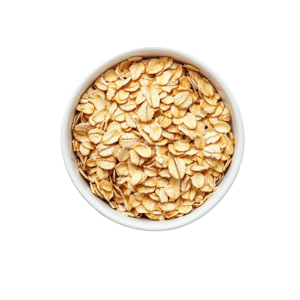 Oat flakes are poured into a transparent bowl with scattered flakes on a plain background for a wholesome breakfast option, Oat flakes in bowl on transparent background png