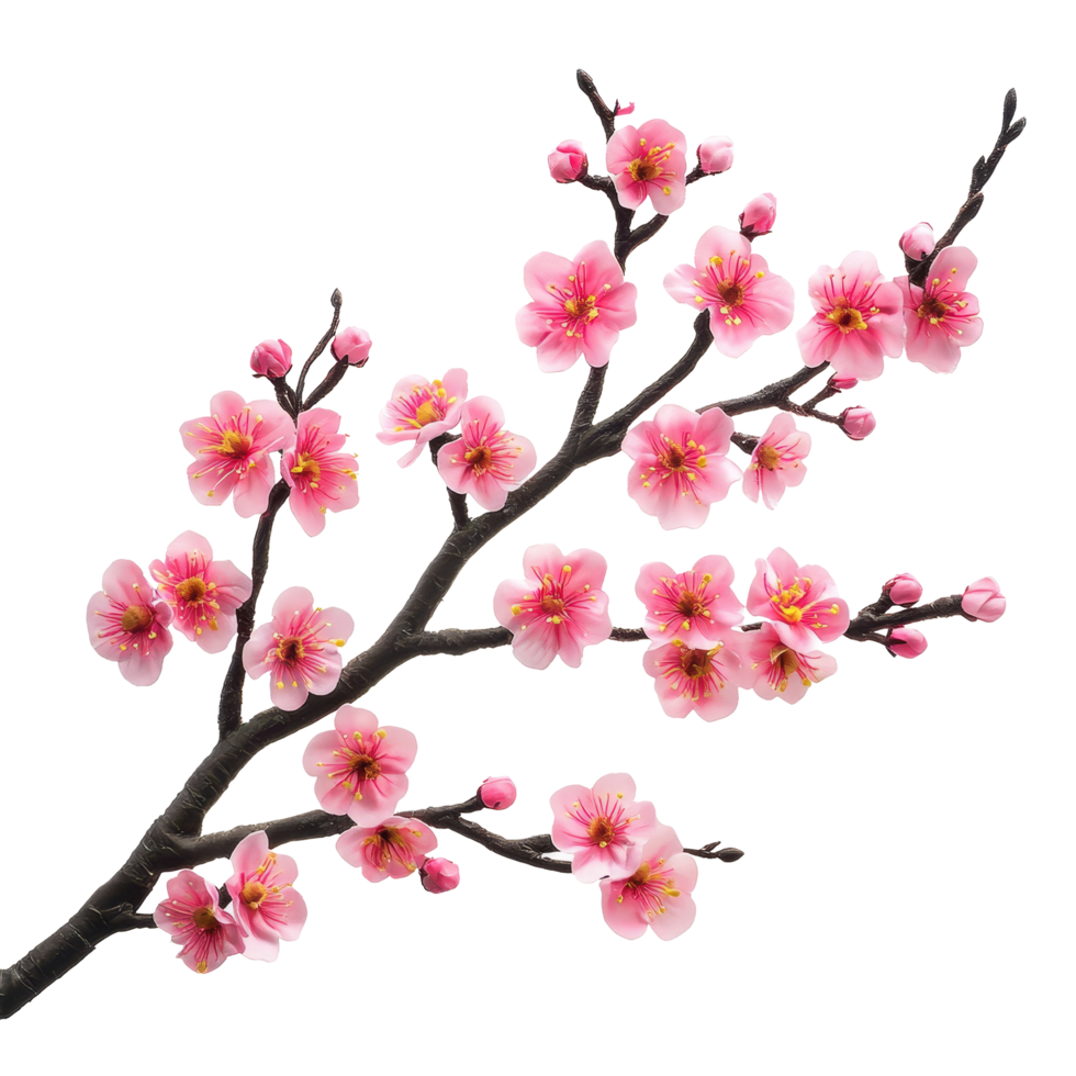 Delicate sakura tree branch adorned with pink blossoms against a transparent background, sakura tree branch flower transparent background png