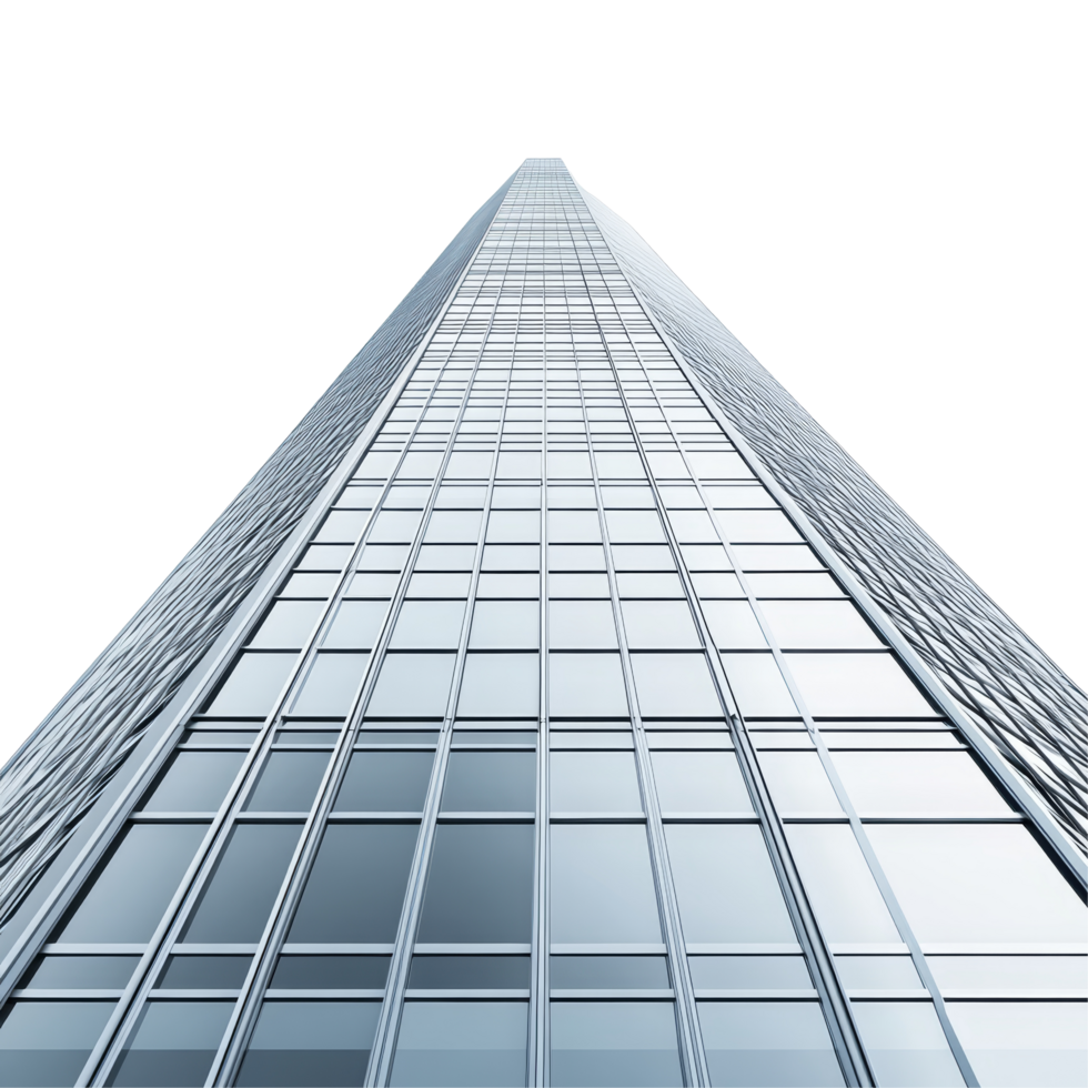 A towering skyscraper rises against a plain transparent background, showcasing its sleek glass facade and modern architecture, skyscraper, isolated transparent background png