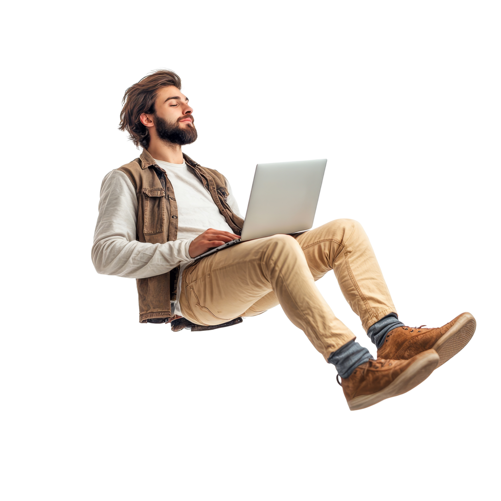 Young man floating in the air while working on a laptop against a bright transparent background, Young Man Floating in the Air Using Laptop, Full Body Isolated on transparent background png