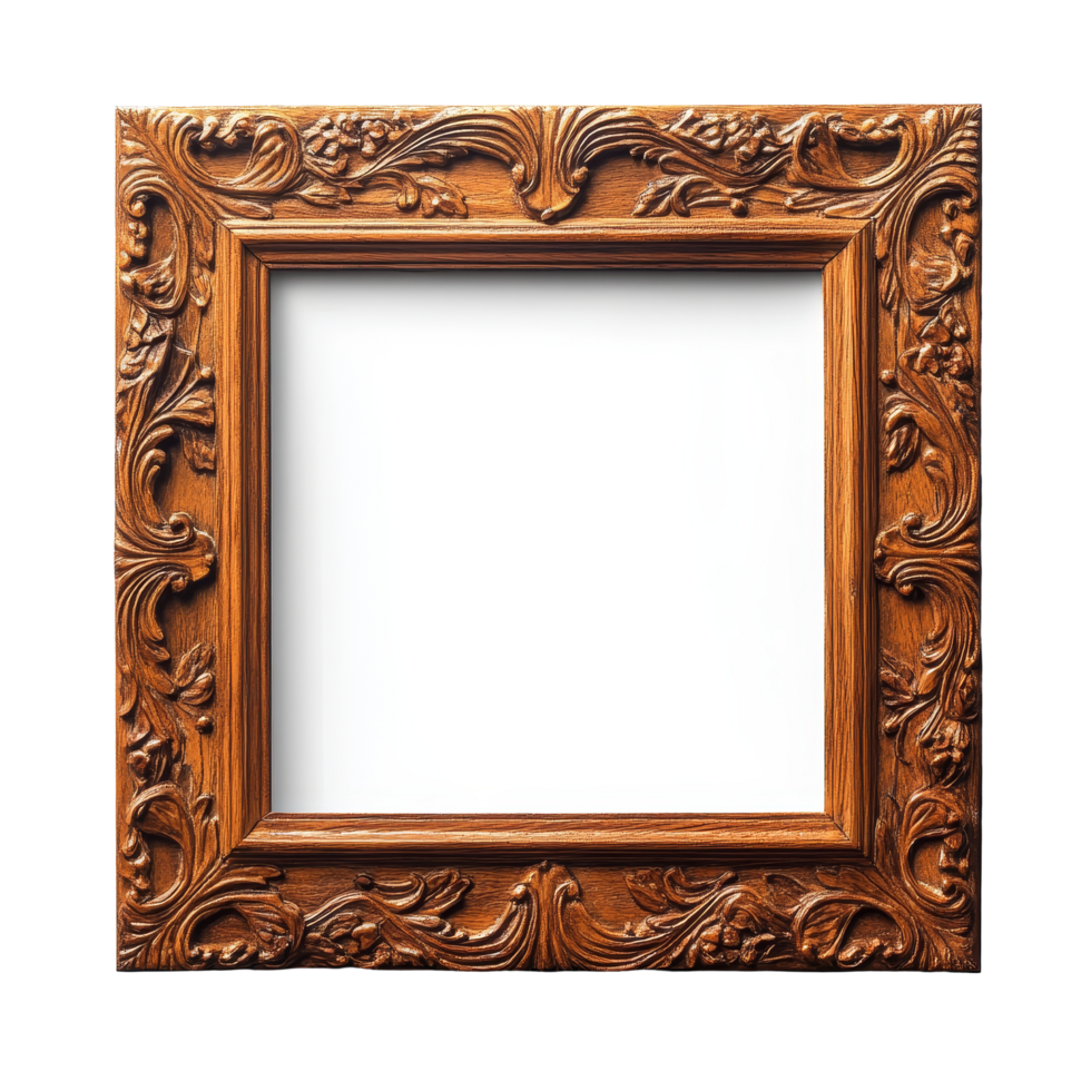 Elegant square wooden picture frame with intricate carvings, perfect for displaying cherished memories at home, Square wooden picture photo framefront view. Realistic horizontal picture frame png