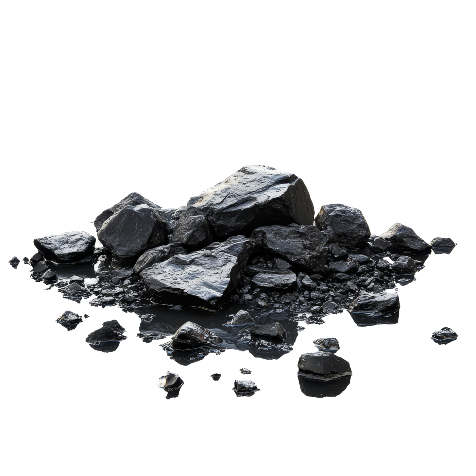 Black rocks arranged artistically on a transparent background for a minimalist presentation, black rocks on the ground, isolated on transparent background png