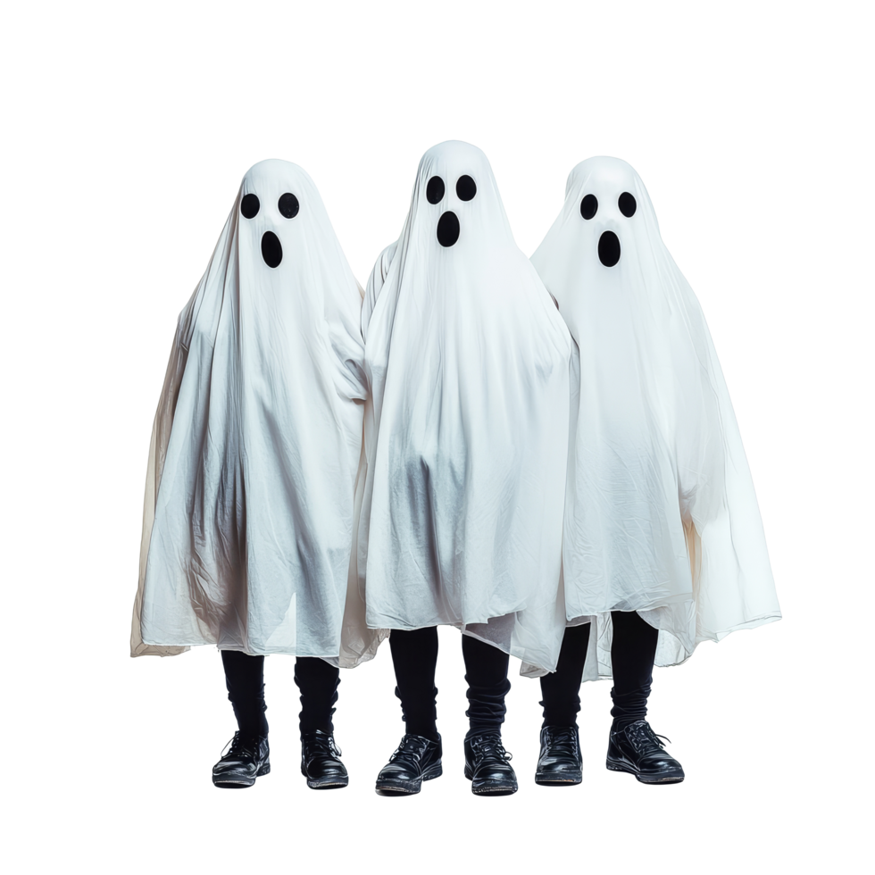 Three people in ghost costumes pose together for Halloween, playfully showcasing their disguises, People disguised in a ghost for halloween isolated on transparent background png